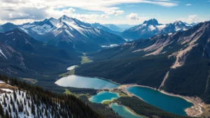 Aerial view of Colorado mountain peaks with snow-capped summits, coniferous forest, and clear alpine lakes reflecting sky, demonstrating pristine ecosystems requiring protection