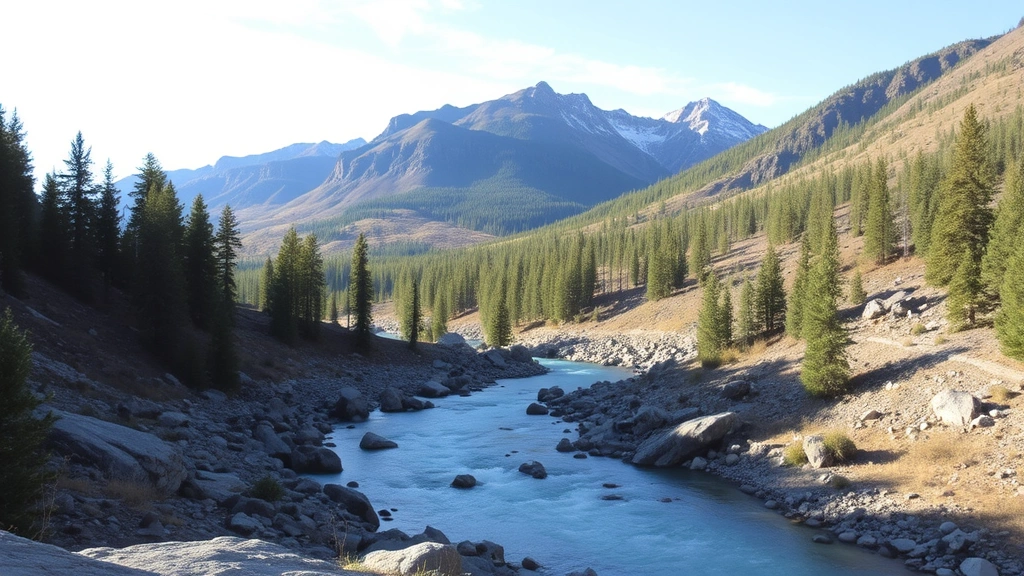 Mountain landscape with river flowing through valley, surrounded by pine forest and rocky terrain under blue sky, showing water resources critical to economy