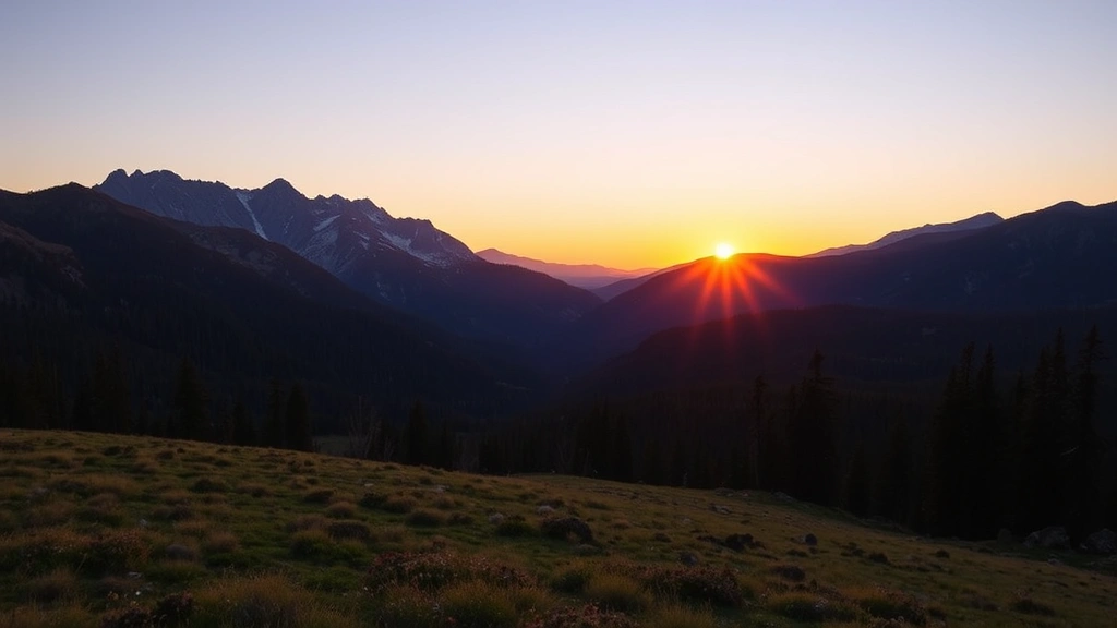 Sunset over Colorado mountain range with diverse forest ecosystem, alpine meadows visible in foreground, clear sky showing environmental restoration
