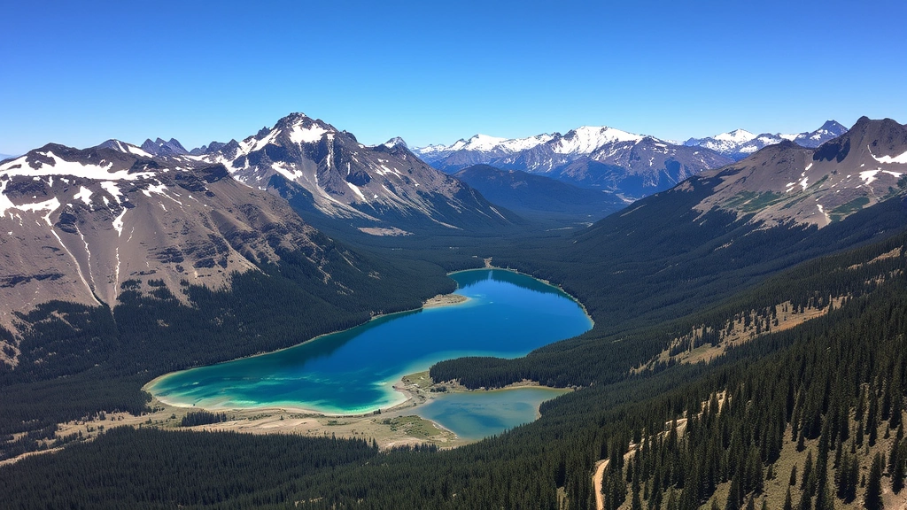 Aerial photograph of Colorado mountain watershed with clear alpine lakes reflecting snow-capped peaks, pristine forest ecosystem, demonstrating water quality protection work