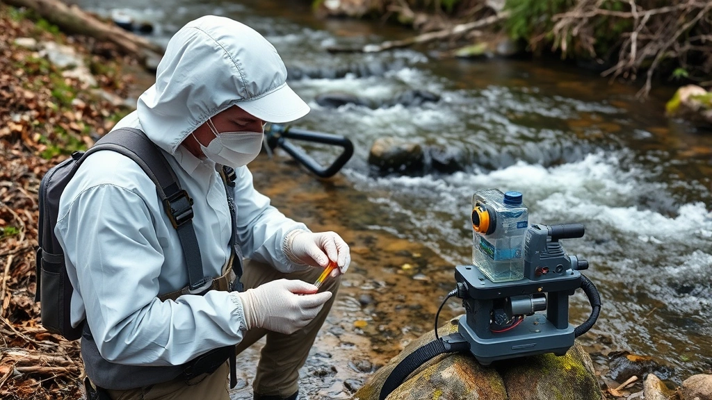 Environmental scientist in field protective gear collecting water samples from stream, analyzing environmental data with testing equipment beside flowing water in natural setting