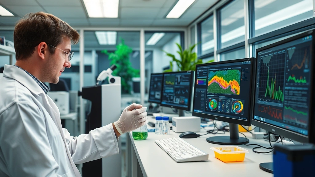 Modern laboratory interior with environmental technician analyzing samples using scientific equipment, computer workstations displaying environmental data visualization and monitoring systems