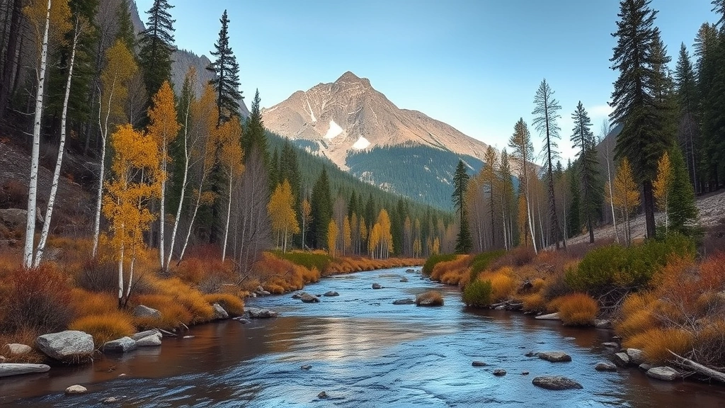 Mountain stream flowing through riparian forest with aspen and conifer trees, clear water reflecting sky, wildlife habitat and water resource ecosystem, photorealistic