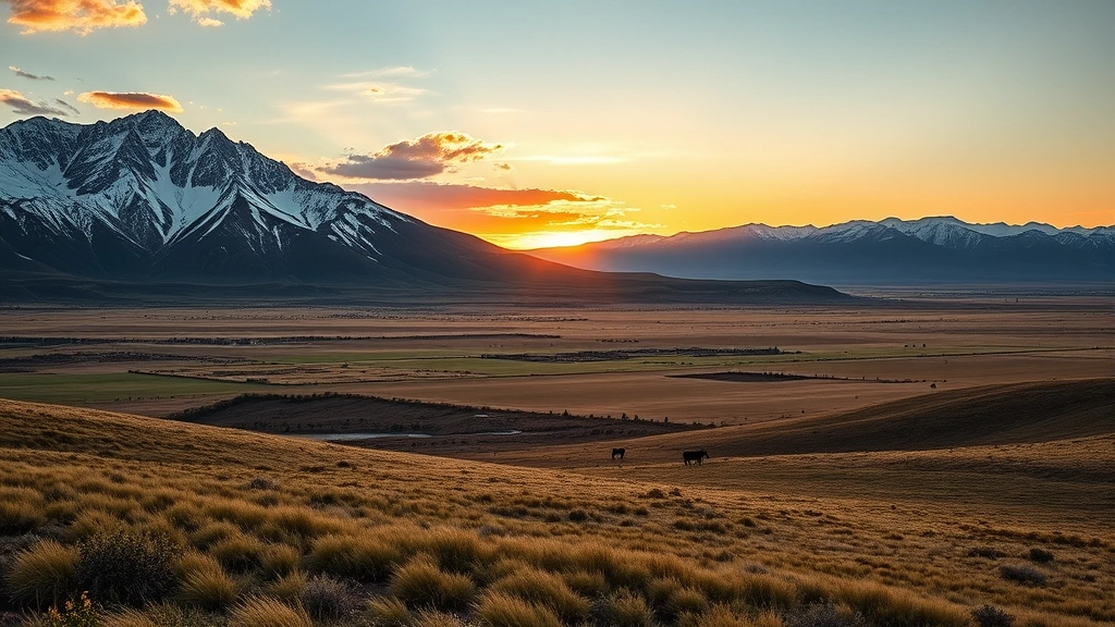 Colorado landscape showing mountain to plains transition with grasslands, ranching operations, and distant peaks at sunset, demonstrating ecosystem diversity and land use integration, photorealistic