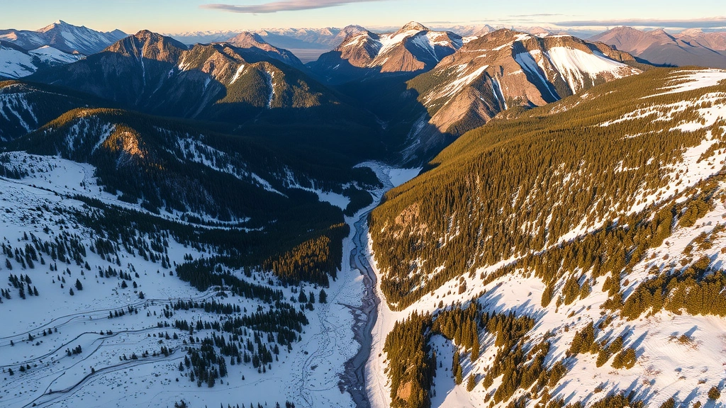 Aerial view of Colorado mountain snowpack in spring with alpine lakes and evergreen forests, sunlit peaks with melting snow flowing into watershed valleys