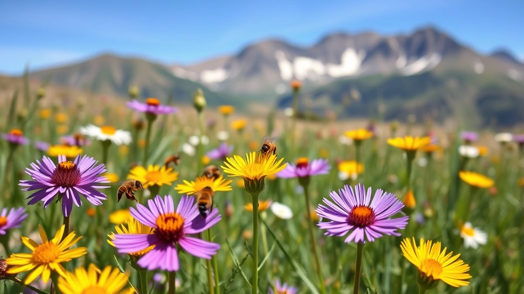Diverse wildflowers and native bees pollinating in Colorado high-altitude meadow, vibrant purple and yellow blooms with clear mountain backdrop