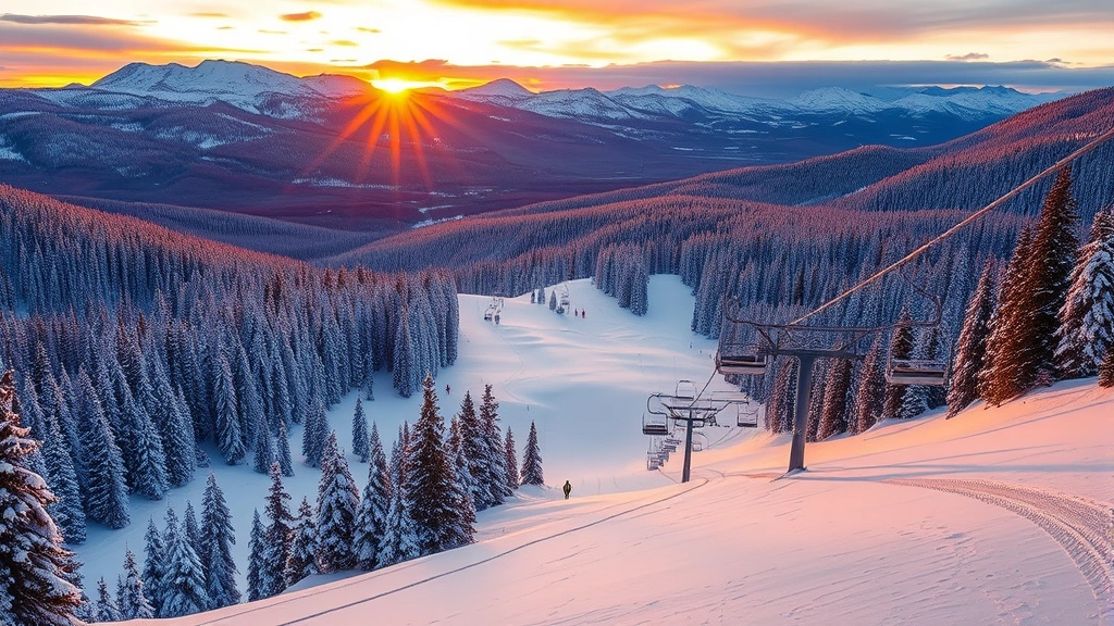 Colorado ski resort at sunset with snowy peaks and forest, chairlifts against golden light reflecting on pristine snow