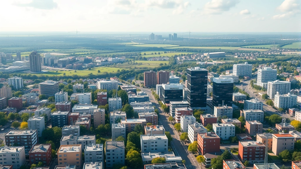 Dense urban landscape with 5G small cell towers integrated into streetlights and building facades, showing infrastructure density and its spatial footprint across cityscape with visible wildlife habitat patches in background