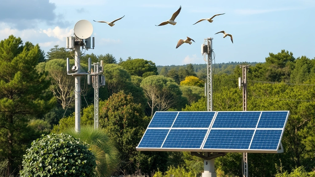 Renewable energy solar panels installed on telecommunications infrastructure and 5G base stations in natural setting, showing sustainable deployment approach with birds flying overhead and restored vegetation surrounding installation