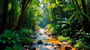 A lush tropical forest landscape with diverse vegetation layers, a clear stream running through the canopy-dappled forest floor, sunlight filtering through the trees, showing healthy forest ecosystem with vibrant greenery and no visible degradation or human infrastructure