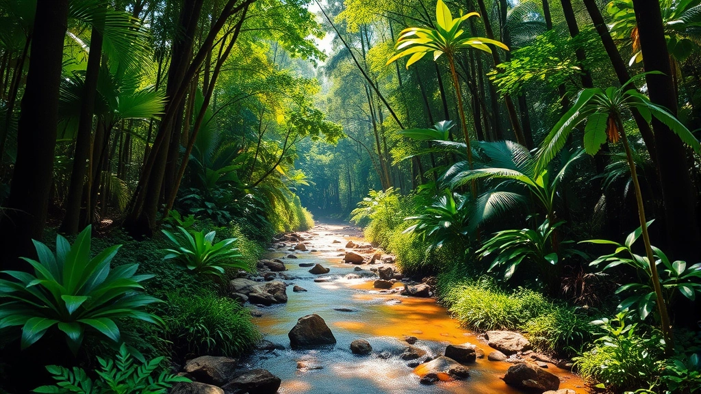 A lush tropical forest landscape with diverse vegetation layers, a clear stream running through the canopy-dappled forest floor, sunlight filtering through the trees, showing healthy forest ecosystem with vibrant greenery and no visible degradation or human infrastructure