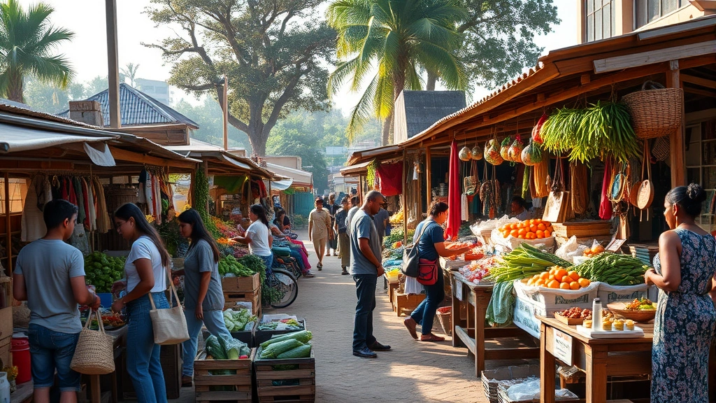 A community marketplace in a developing region with local farmers and vendors selling organic produce, handcrafted goods, and sustainable products at wooden stalls, diverse people shopping and engaging in commerce, natural lighting suggesting early morning market activity