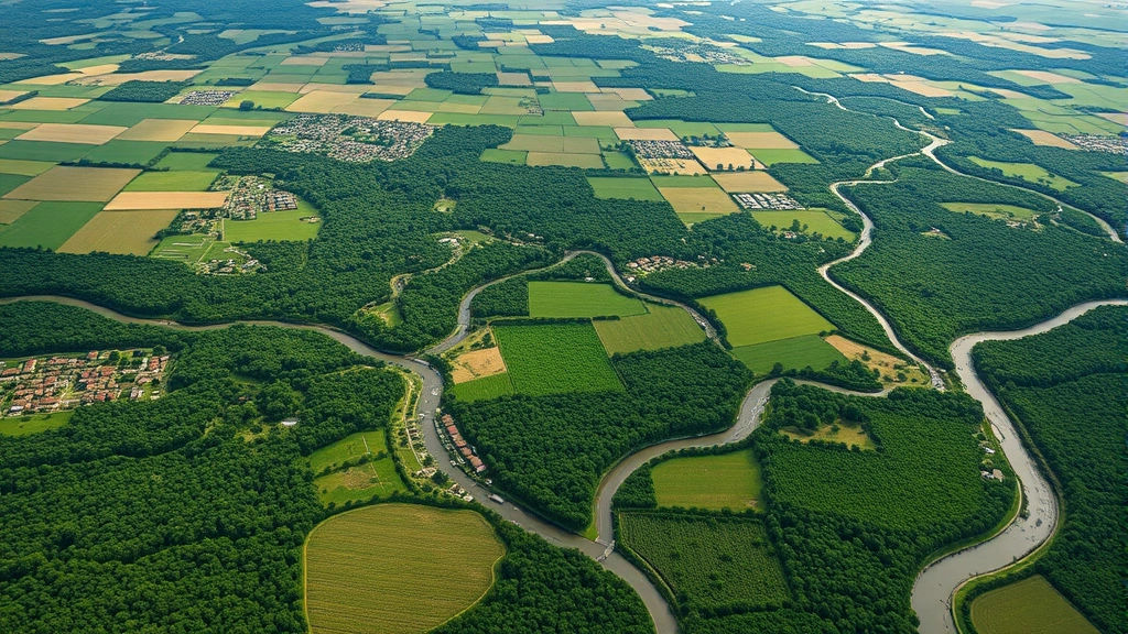 An aerial view of a patchwork landscape showing restored forest areas adjacent to sustainable agricultural plots, with small communities interspersed, green vegetation throughout, winding waterways, and evidence of regenerative land management practices without industrial infrastructure