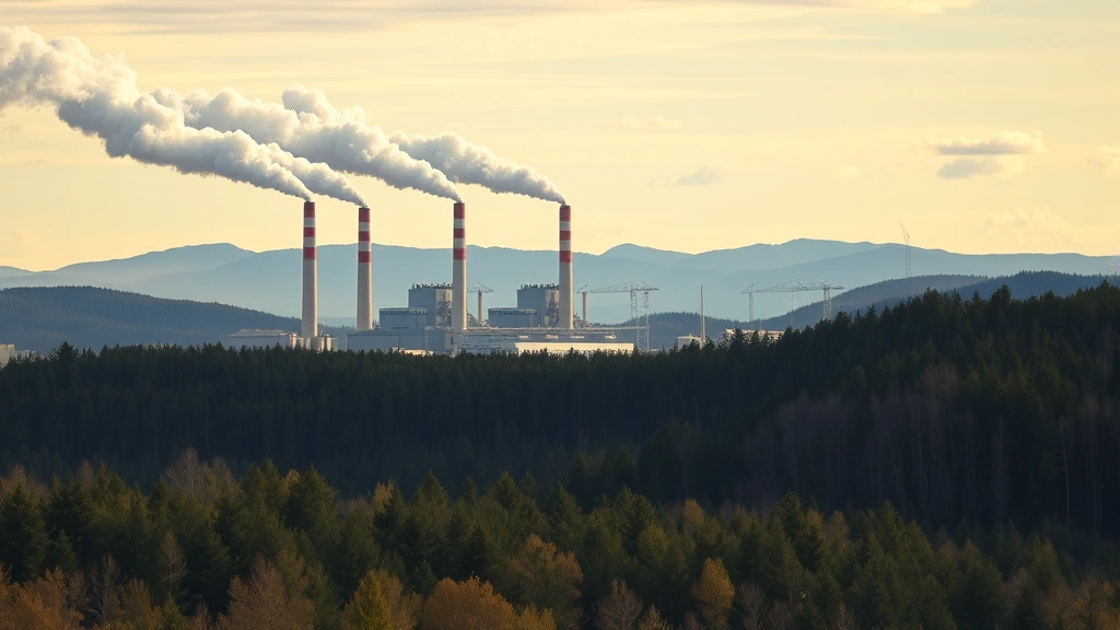 Industrial manufacturing facility with multiple smokestacks releasing emissions into sky above forested landscape, showing contrast between industrial infrastructure and natural ecosystem