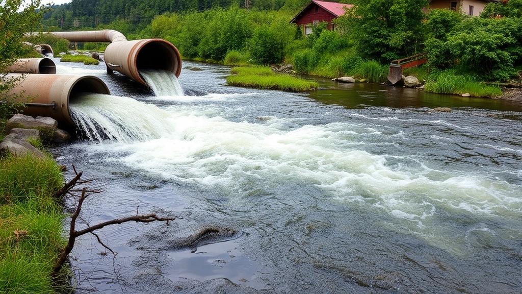 Factory discharge pipes releasing treated and untreated water into flowing river ecosystem, with visible ecological stress in surrounding riparian vegetation and water color changes