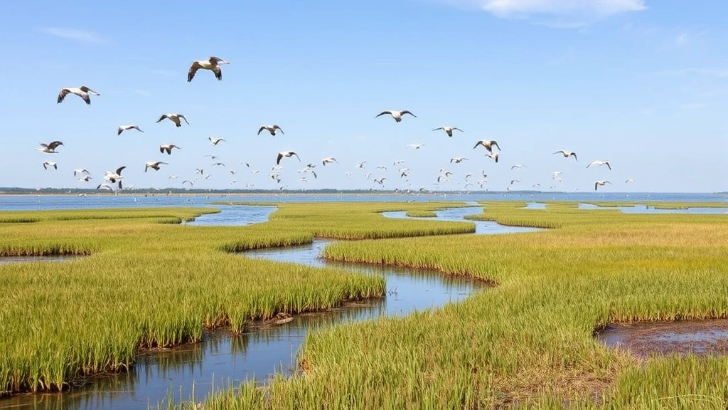 Regenerated wetland landscape showing native marsh grasses, open water channels, diverse waterfowl, and aquatic vegetation demonstrating ecosystem recovery and restoration potential