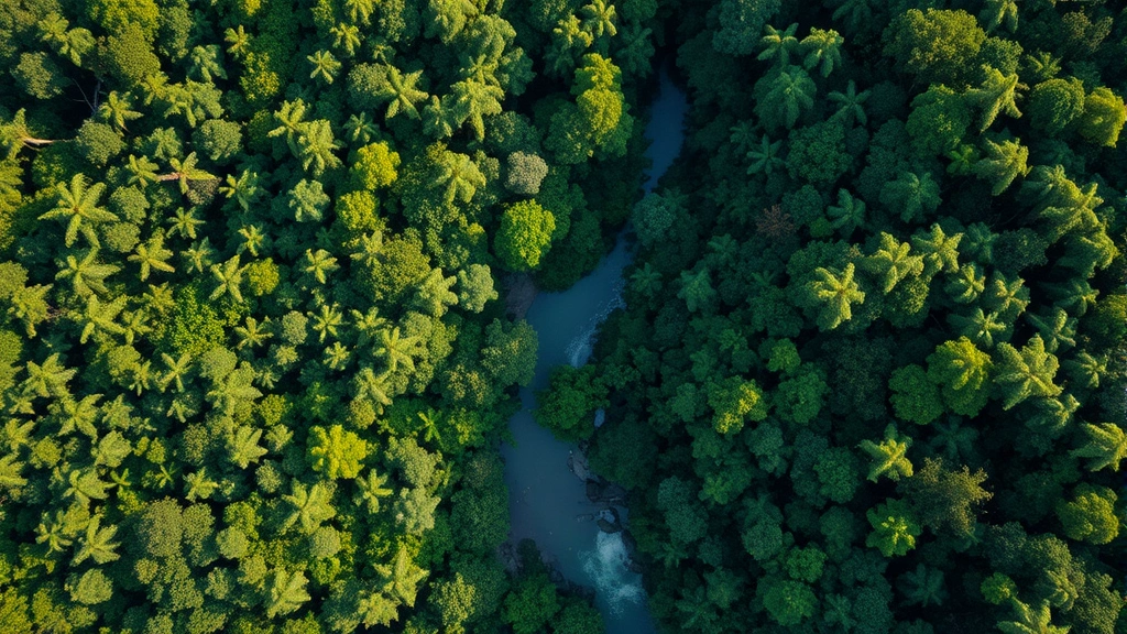 Aerial view of pristine tropical rainforest canopy with winding river, showing biodiversity and intact ecosystem health in natural lighting