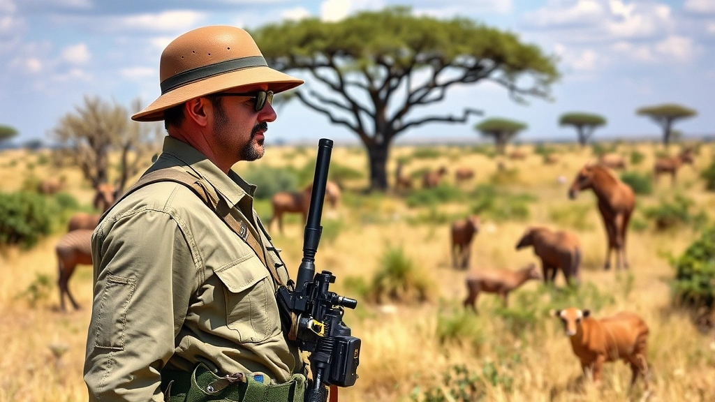 Conservation ranger in protective gear monitoring wildlife in African savanna protected area, demonstrating ecosystem management and protection efforts