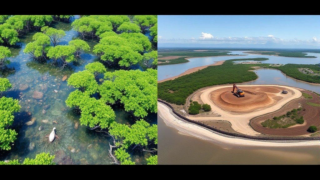 Contrast split-image: left side shows thriving mangrove forest ecosystem with clear water and wildlife; right side shows same area cleared for development with heavy machinery
