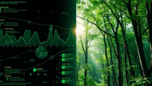 Photorealistic split-screen showing digital data visualization on left side transitioning to natural forest ecosystem on right side, representing computational and ecological balance, vibrant green tones, high resolution, no text or charts