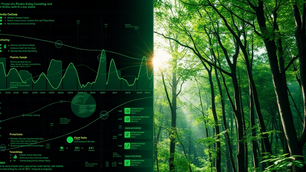Photorealistic split-screen showing digital data visualization on left side transitioning to natural forest ecosystem on right side, representing computational and ecological balance, vibrant green tones, high resolution, no text or charts