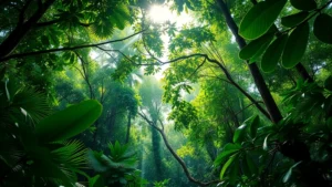 Lush tropical rainforest canopy with sunlight filtering through dense vegetation, showing biodiversity and ecosystem health that supports economic value through carbon sequestration and species abundance