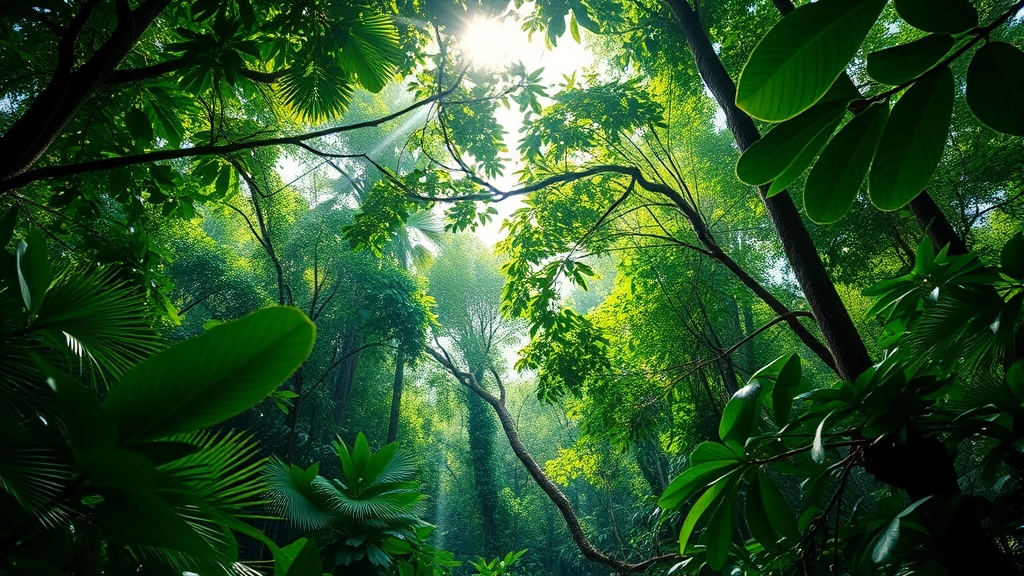 Lush tropical rainforest canopy with sunlight filtering through dense vegetation, showing biodiversity and ecosystem health that supports economic value through carbon sequestration and species abundance