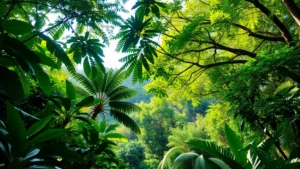 Lush tropical forest canopy with diverse layered vegetation and dappled sunlight filtering through leaves, vibrant green ecosystem teeming with biodiversity and natural economic value
