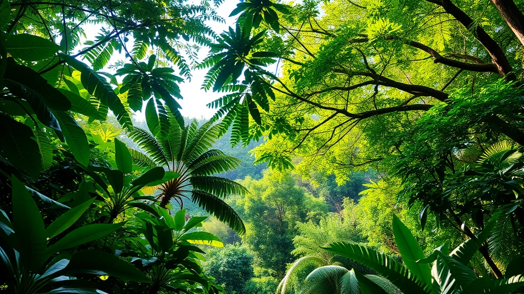 Lush tropical forest canopy with diverse layered vegetation and dappled sunlight filtering through leaves, vibrant green ecosystem teeming with biodiversity and natural economic value