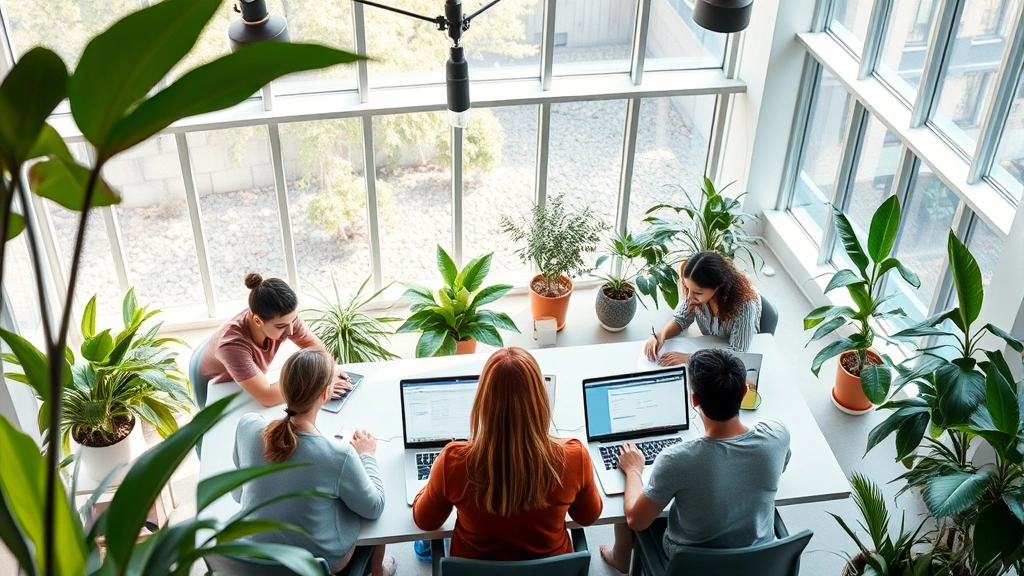 Overhead view of diverse research team working at laptops in bright, modern sustainable office with large windows, green plants, natural lighting, collaborative workspace atmosphere, photorealistic, no visible text on screens