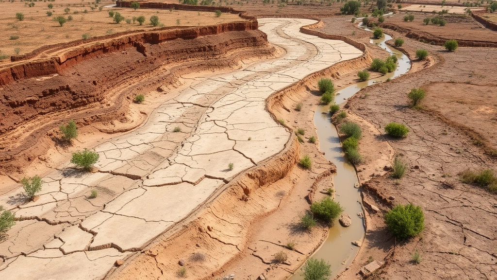 Degraded agricultural landscape with eroded soil, dried up irrigation channels, and sparse vegetation showing ecosystem collapse impact on farming productivity and economic consequences for rural communities