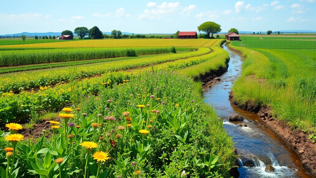 Healthy agricultural landscape with mixed crops, flowering plants attracting pollinators, and flowing water sources demonstrating regenerative farming productivity and ecosystem services