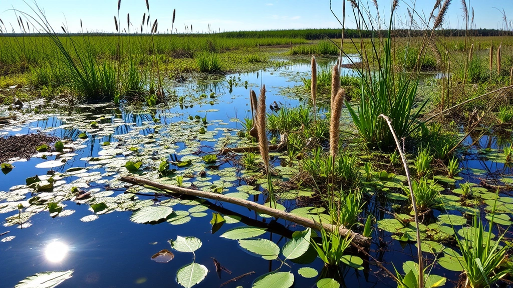 Restored wetland ecosystem with water reflecting sky, native plants thriving, and wildlife habitat demonstrating successful ecosystem restoration that generates economic returns through water purification and fisheries support