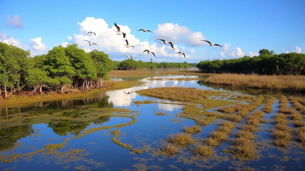 Restored coastal wetland with mangrove trees, shallow water reflecting sky, birds in flight, and healthy vegetation showing blue carbon ecosystem recovery and economic value