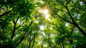 Lush forest canopy with sunlight filtering through leaves, representing natural capital and ecosystem services that GDP ignores, photorealistic vibrant colors