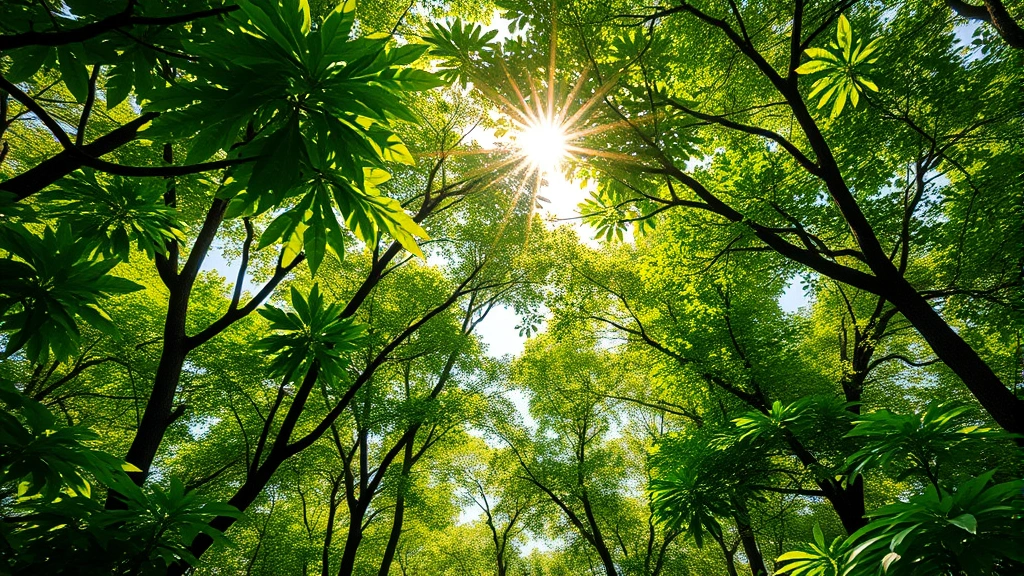 Lush forest canopy with sunlight filtering through leaves, representing natural capital and ecosystem services that GDP ignores, photorealistic vibrant colors