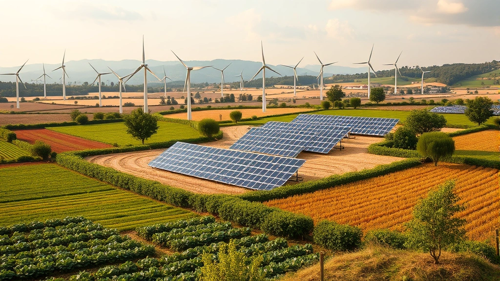 Wind turbines and solar panels integrated into diverse agricultural landscape with crops and trees, symbolizing renewable energy transition and circular economy principles