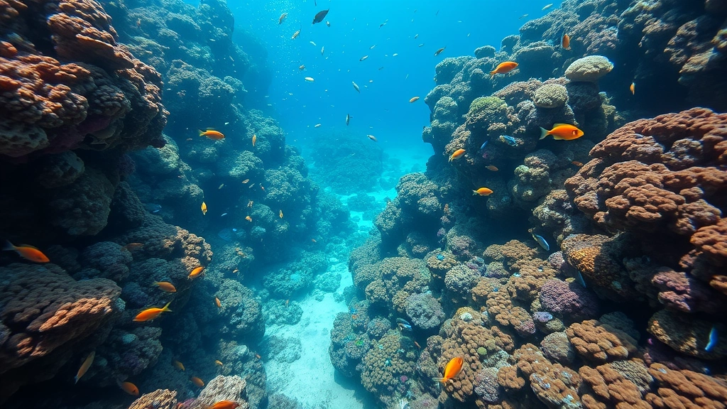 Underwater coral reef ecosystem teeming with colorful fish and marine life, illustrating biodiversity and planetary boundaries that economic growth threatens
