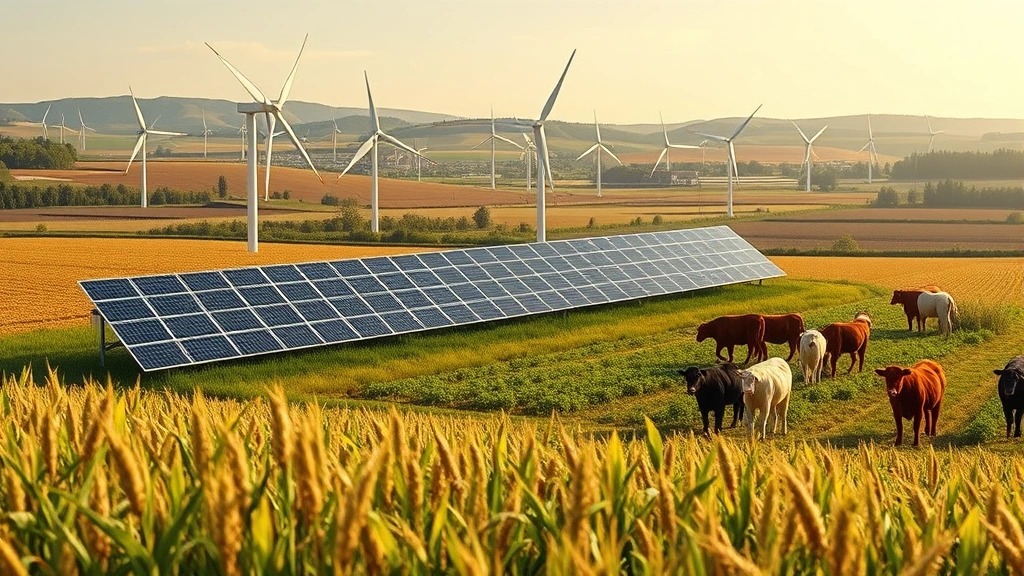 Photorealistic image of renewable energy infrastructure—solar panels and wind turbines in agricultural landscape alongside crops and grazing animals, demonstrating integration of clean energy with farming