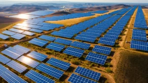 Aerial view of a large solar panel farm spanning rolling hills with vibrant blue panels reflecting sunlight, showing rows of photovoltaic installations stretching toward horizon with green vegetation between rows, photorealistic environmental energy landscape