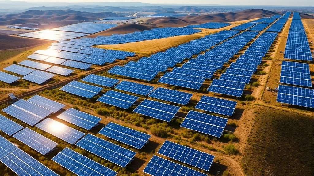 Aerial view of a large solar panel farm spanning rolling hills with vibrant blue panels reflecting sunlight, showing rows of photovoltaic installations stretching toward horizon with green vegetation between rows, photorealistic environmental energy landscape