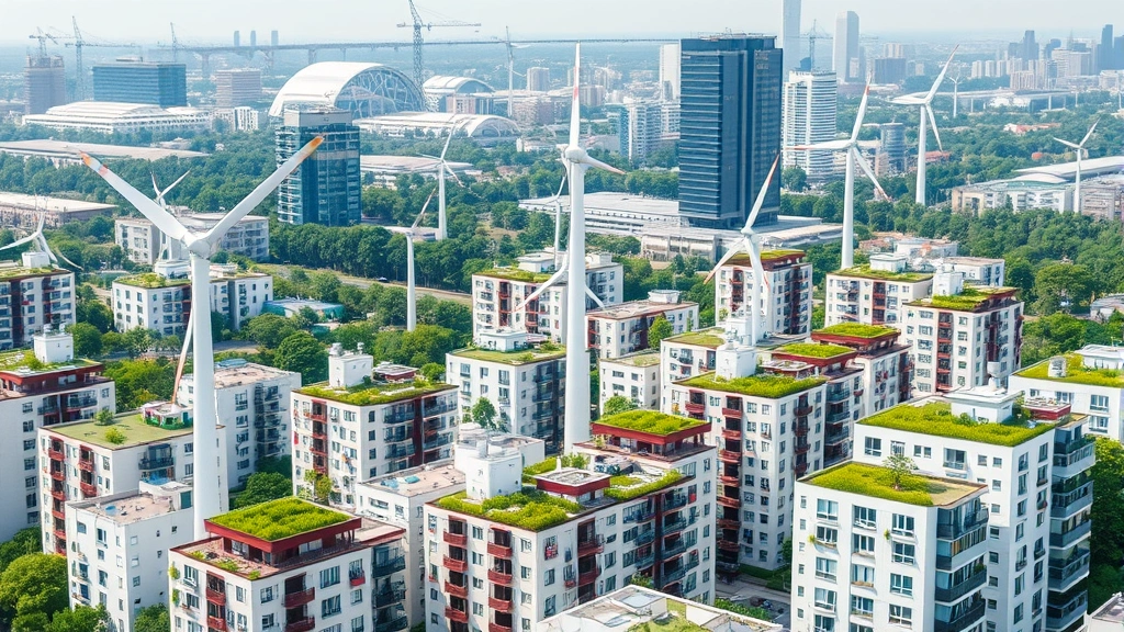 Modern urban renewable energy infrastructure showing wind turbines integrated into cityscape with residential buildings, green rooftops, and sustainable architecture, demonstrating urban climate solutions and green infrastructure development