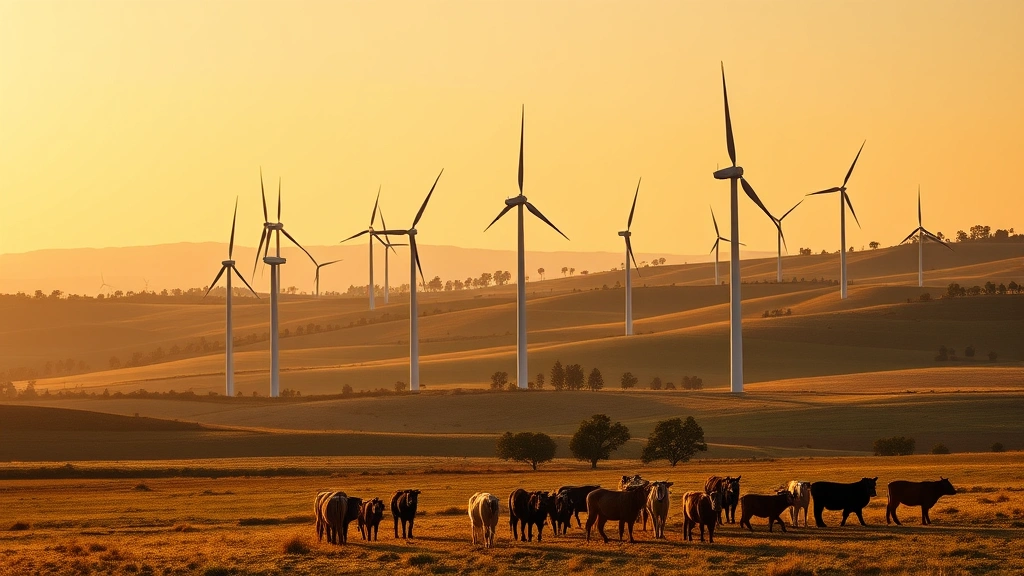 Wind turbines in agricultural landscape with cattle grazing below, demonstrating renewable energy integration with sustainable farming practices, golden hour lighting, photorealistic