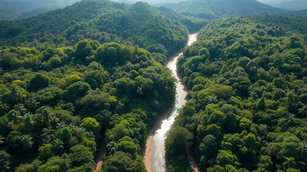 Aerial photograph of diverse tropical forest canopy showing dense green vegetation with river winding through landscape, sunlight filtering through leaves, no text or labels visible, photorealistic daytime lighting