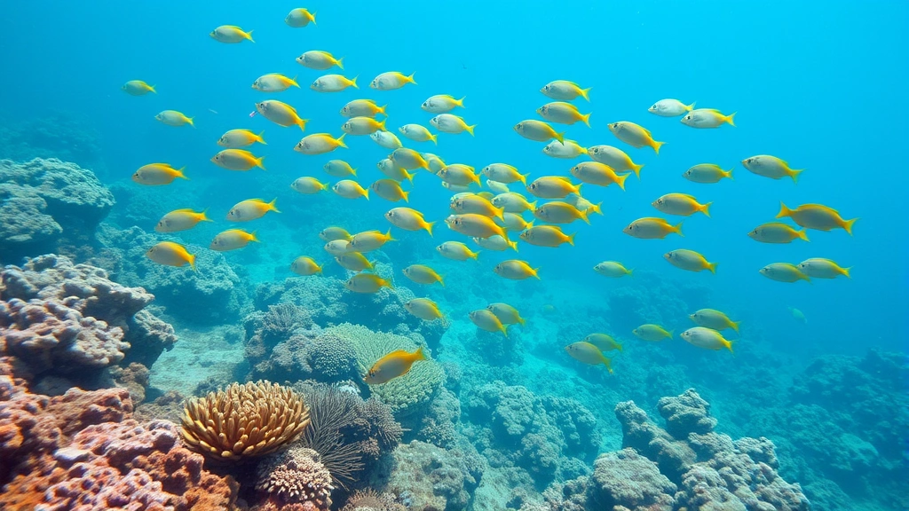 Underwater scene of vibrant coral reef ecosystem with schools of tropical fish swimming among coral formations, clear blue water, natural lighting, diverse marine life visible, no text or artificial elements
