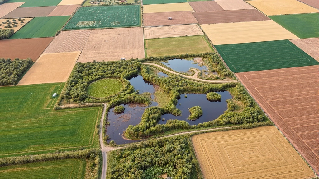 Patchwork agricultural landscape showing contrast between restored wetland area with native vegetation and surrounding cultivated fields, water visible in wetland area, wildlife habitat transition zone, natural colors, no signage or text