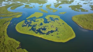 Aerial view of thriving wetland ecosystem with rich biodiversity, winding waterways, and healthy vegetation reflecting in calm water, showcasing natural capital and ecological wealth