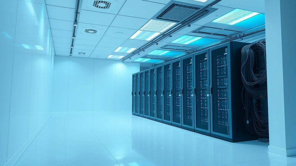 Photorealistic image of a clean, organized computer server room with minimalist design, soft blue and green lighting, cables neatly organized, showing efficient data center infrastructure with no visible text or labels