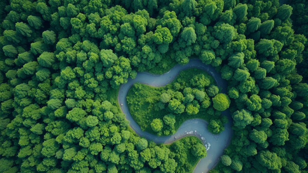 Photorealistic overhead view of a lush green forest canopy with winding river, representing interconnected resource systems and natural ecosystem efficiency, natural daylight, no charts or text