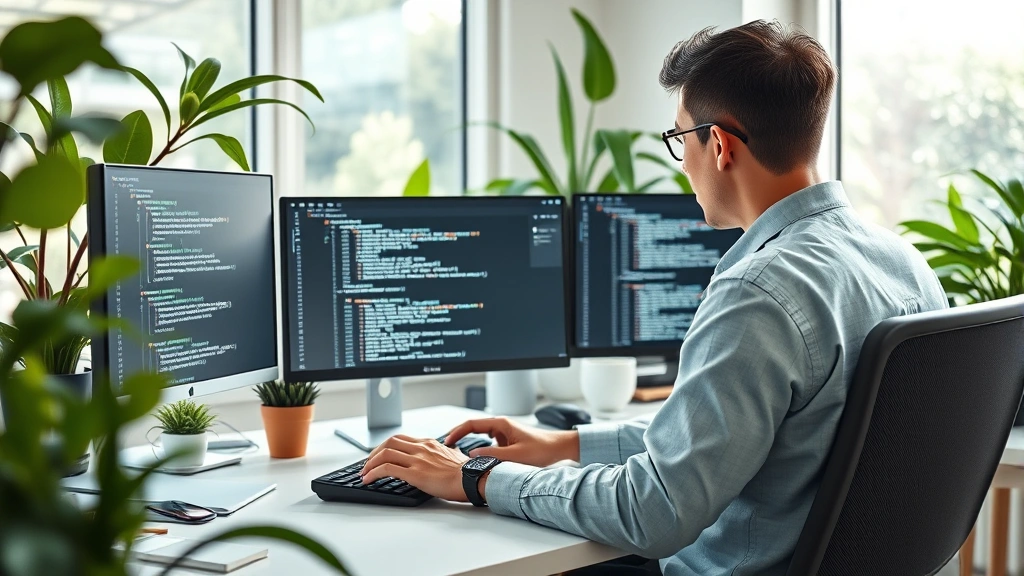 Photorealistic image of a person working at a desk with multiple monitors displaying code, surrounded by plants and natural light, representing sustainable technology practices and clean digital workspace, no visible code text on screens